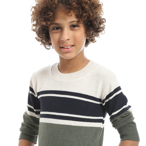 Beige_And_Green_And_Navy_Crew_Neck_Stripped_Pullover-Indigo