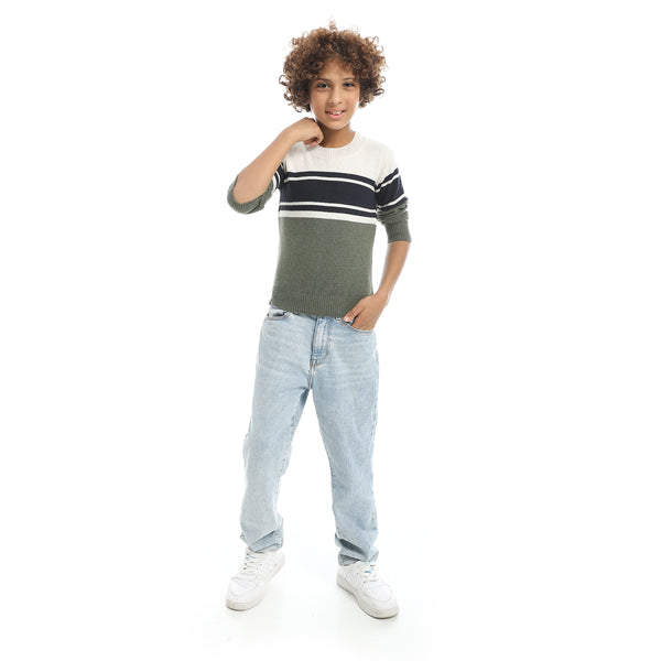 Beige_And_Green_And_Navy_Crew_Neck_Stripped_Pullover-Indigo