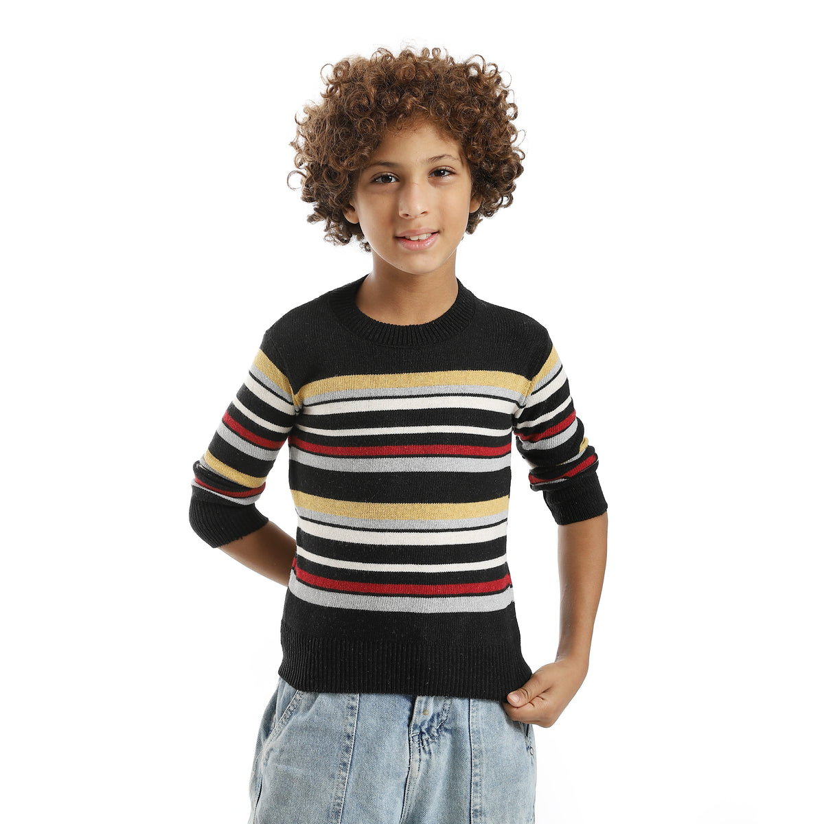 Thin_Strapped_Self_Patteren_Round_Collar_Multicolour_Pullover_Black