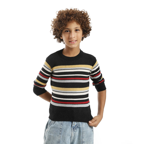 Thin_Strapped_Self_Patteren_Round_Collar_Multicolour_Pullover_Black