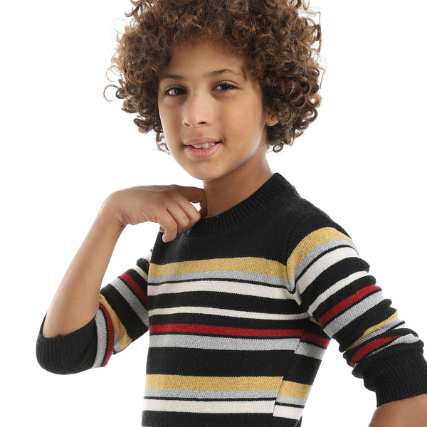 Thin_Strapped_Self_Patteren_Round_Collar_Multicolour_Pullover_Black