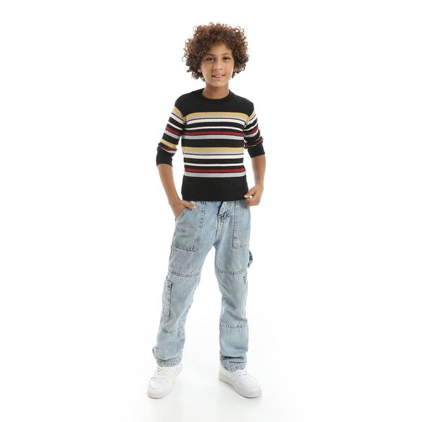 Thin_Strapped_Self_Patteren_Round_Collar_Multicolour_Pullover_Black