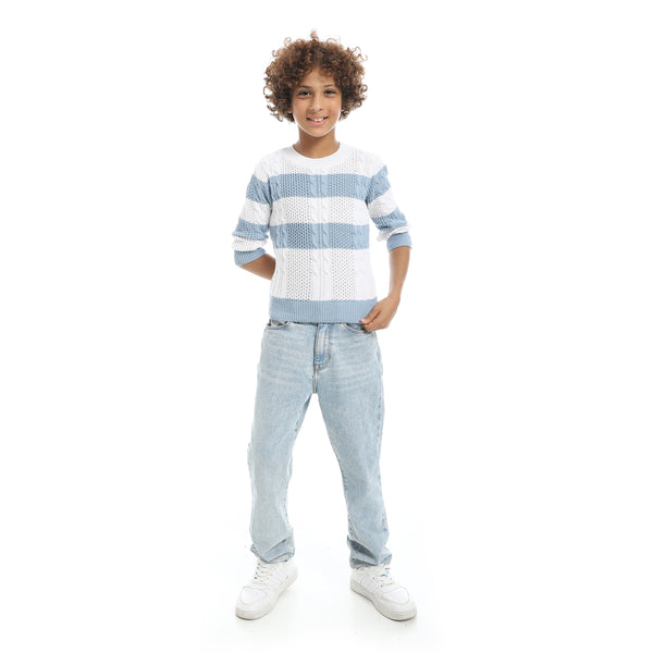 Self_Patterened_Crew_Neck_Blue_And_White_Knitted_Pullover-Multicolour