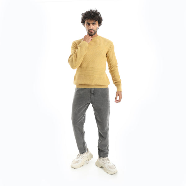 Round_Collar_Different_Patterend_Knitted_Mustard_Pullover_Mustard