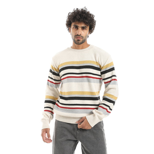 Stripped_Multicolour_Knitted_Round_Collar_Pullover_Beige