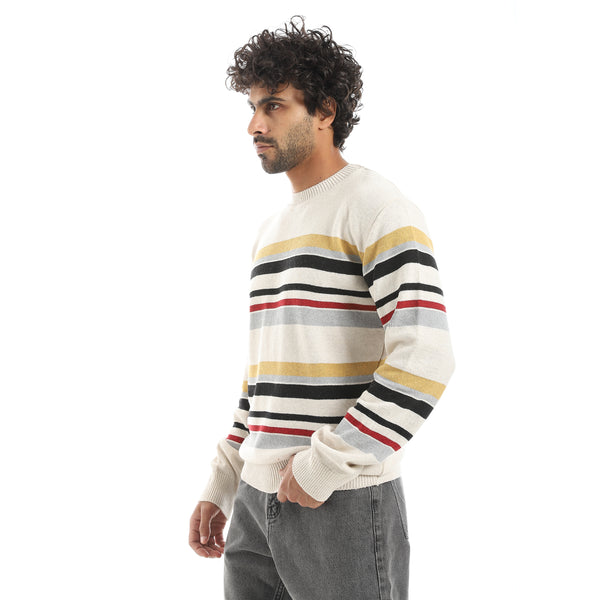 Stripped_Multicolour_Knitted_Round_Collar_Pullover_Beige
