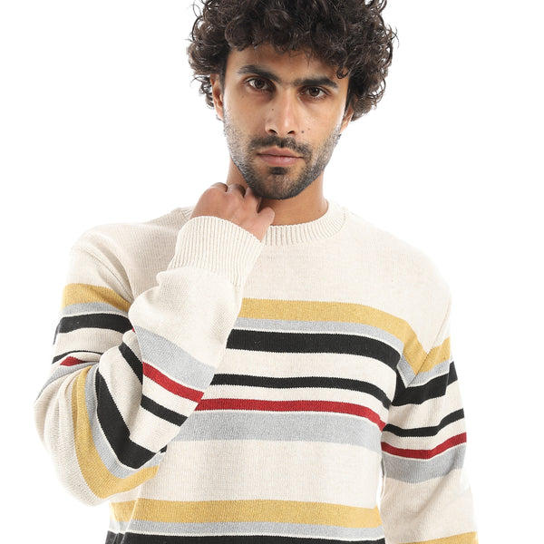 Stripped_Multicolour_Knitted_Round_Collar_Pullover_Beige
