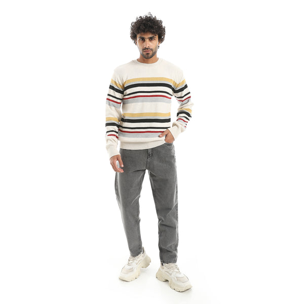 Stripped_Multicolour_Knitted_Round_Collar_Pullover_Beige