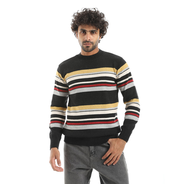 Stripped_Multicolour_Knitted_Round_Collar_Pullover_Black