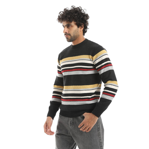 Stripped_Multicolour_Knitted_Round_Collar_Pullover_Black