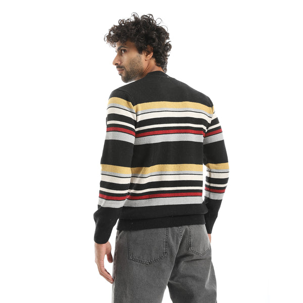 Stripped_Multicolour_Knitted_Round_Collar_Pullover_Black