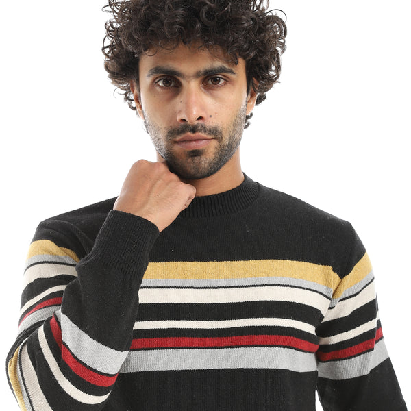 Stripped_Multicolour_Knitted_Round_Collar_Pullover_Black