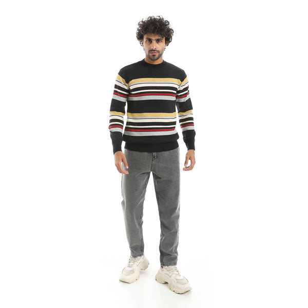 Stripped_Multicolour_Knitted_Round_Collar_Pullover_Black