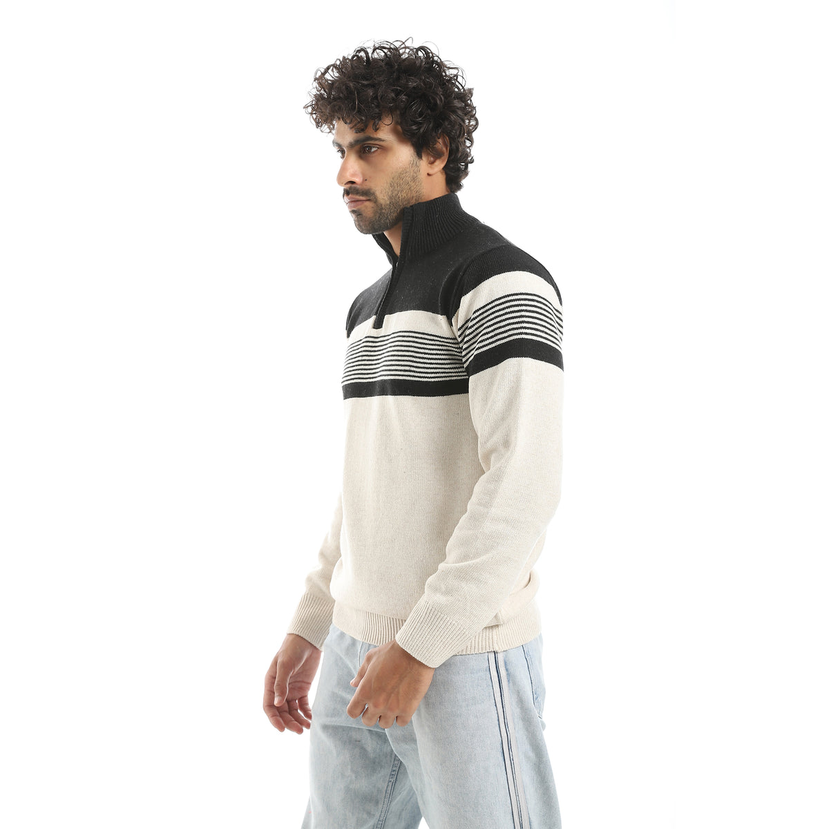 Half_Neck_Zipper_Closure_Stripped_kNitted_Pullover_-_Beige_&_Navy – Andora