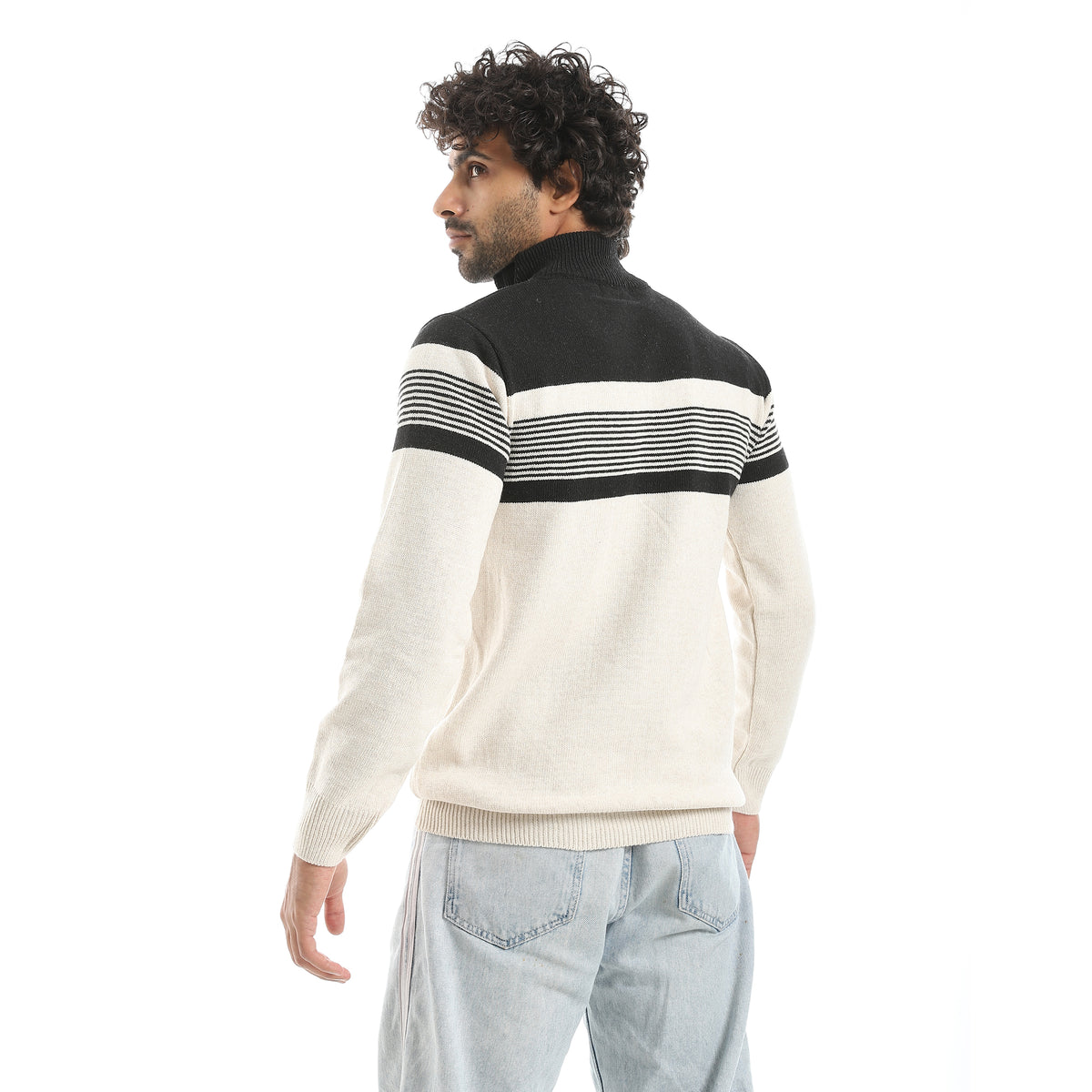 Half_Neck_Zipper_Closure_Stripped_kNitted_Pullover_-_Beige_&_Navy – Andora