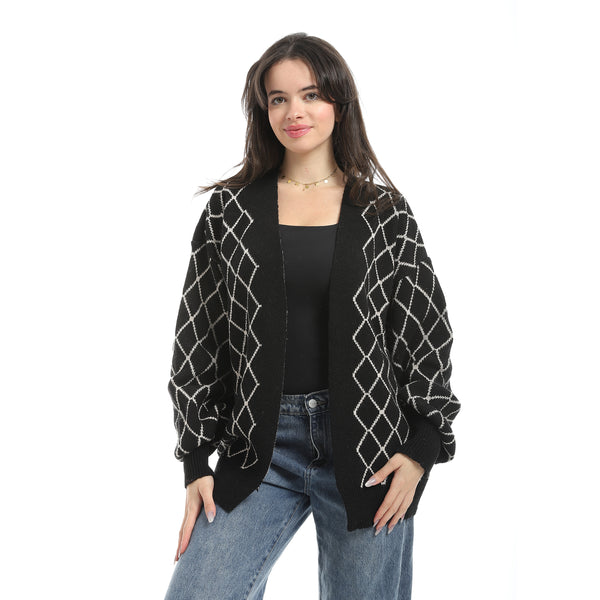 Lattice_Pattern_Open_Neckline_Black_Cardigan-Black