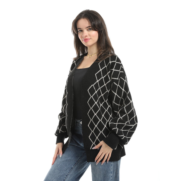 Lattice_Pattern_Open_Neckline_Black_Cardigan-Black