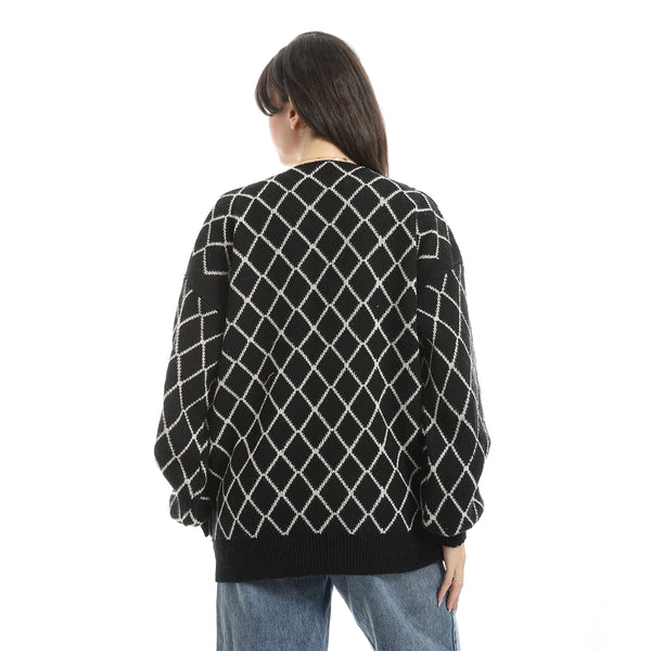 Lattice_Pattern_Open_Neckline_Black_Cardigan-Black