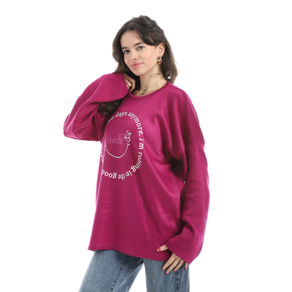 Printed_Round_Collar_Long_Sleeves_Dark_Pink_Sweatshirt_Purple