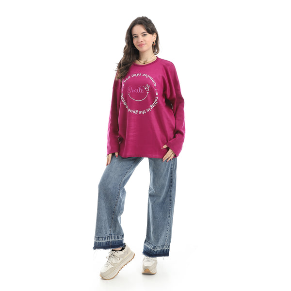 Printed_Round_Collar_Long_Sleeves_Dark_Pink_Sweatshirt_Purple