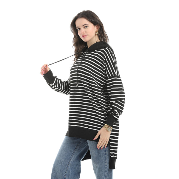 Stripped_Long_Sleeves_Hoodie_Black_&_White_Multicolour