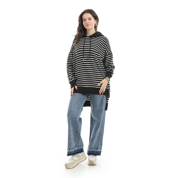 Stripped_Long_Sleeves_Hoodie_Black_&_White_Multicolour