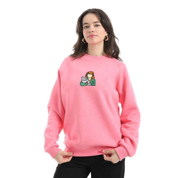 Embrodried_Long_Sleeves_Round_Collar_Rose_Sweatshirt_Pink