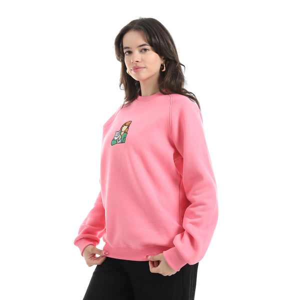 Embrodried_Long_Sleeves_Round_Collar_Rose_Sweatshirt_Pink