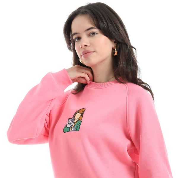 Embrodried_Long_Sleeves_Round_Collar_Rose_Sweatshirt_Pink