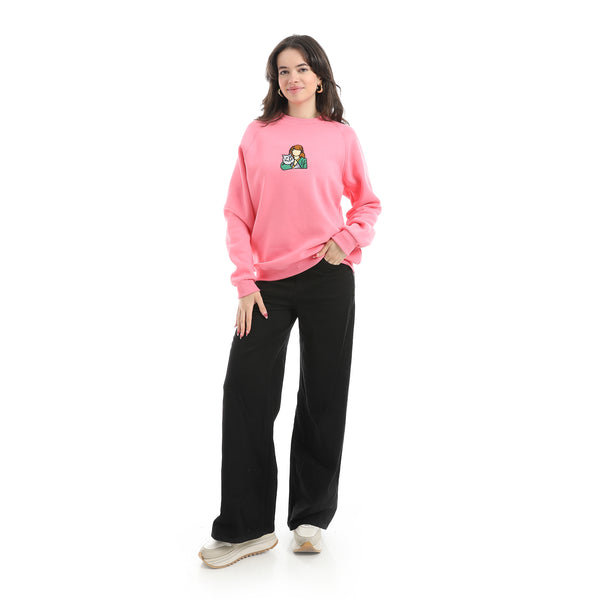 Embrodried_Long_Sleeves_Round_Collar_Rose_Sweatshirt_Pink