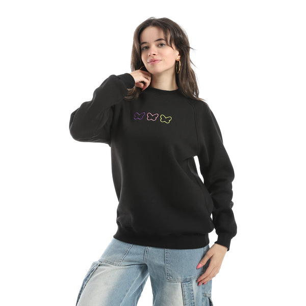 Embrodried_Long_Sleeves_Round_Collar_Sweatshirt_-_Black
