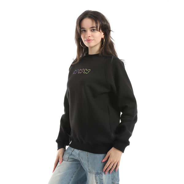 Embrodried_Long_Sleeves_Round_Collar_Sweatshirt_-_Black