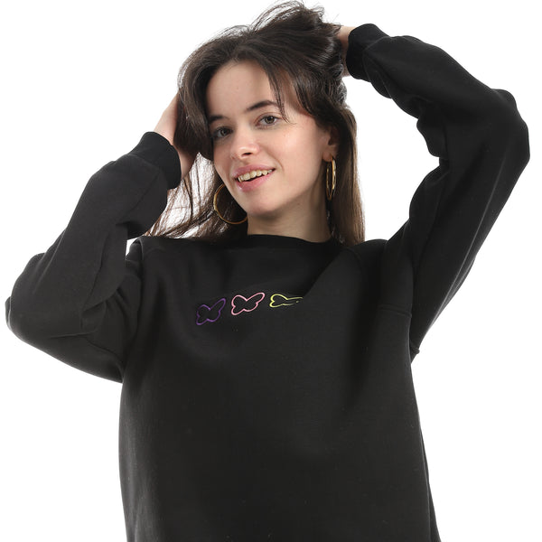 Embrodried_Long_Sleeves_Round_Collar_Sweatshirt_-_Black