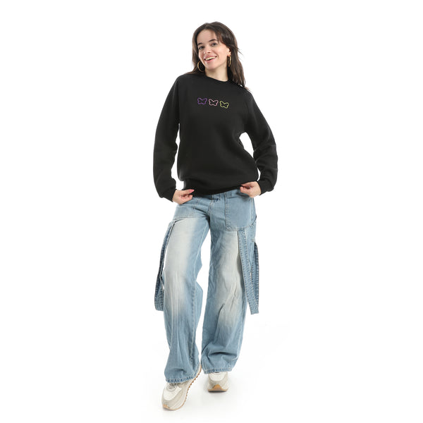 Embrodried_Long_Sleeves_Round_Collar_Sweatshirt_-_Black