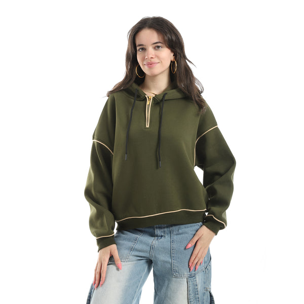 Half_Zipper_Closure_With_Hooded_Collar_Hoodie-Beige&Olive