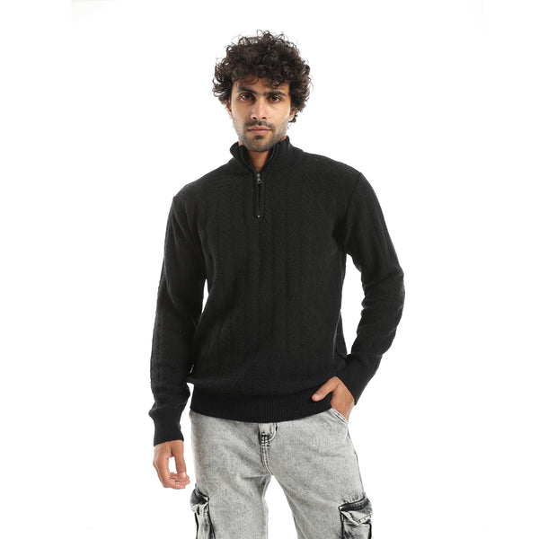 Half_Zipper_High_CollarPlain_Long_Sleeves_Black_Pullover_Black