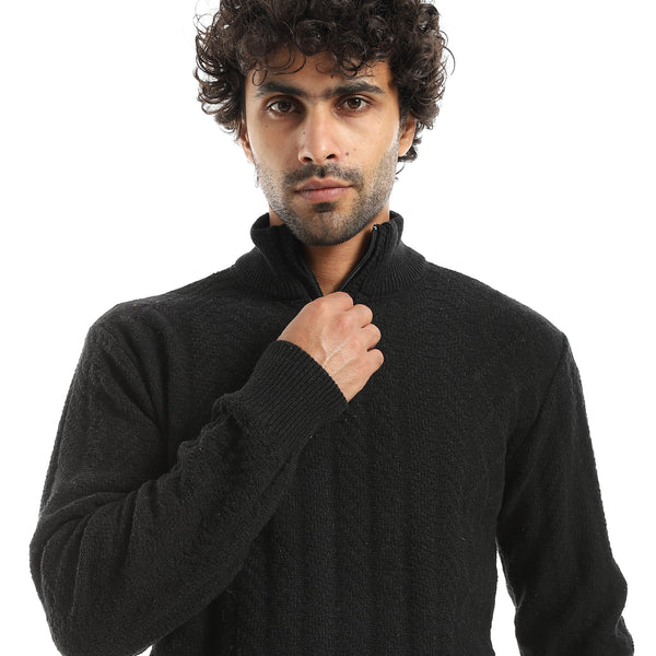 Half_Zipper_High_CollarPlain_Long_Sleeves_Black_Pullover_Black
