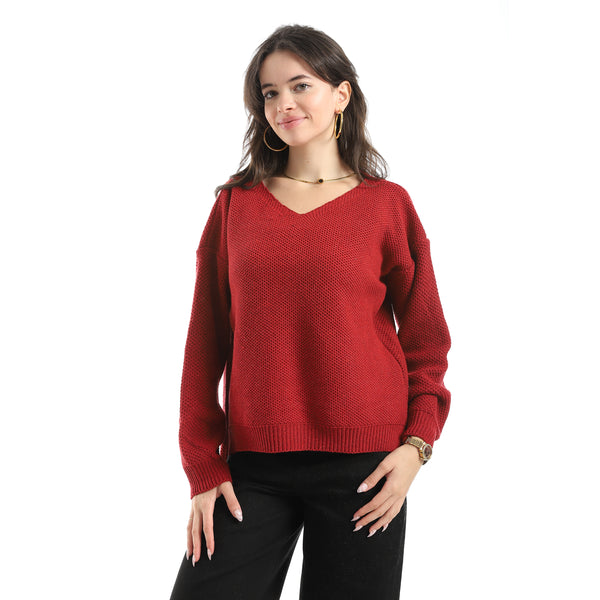 V-Neck_Knitted_Plain_Pullover_-_Burgundy