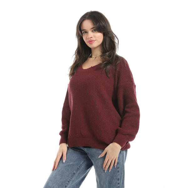 V-Neck_Knitted_Plain_Pullover_-_Burgundy