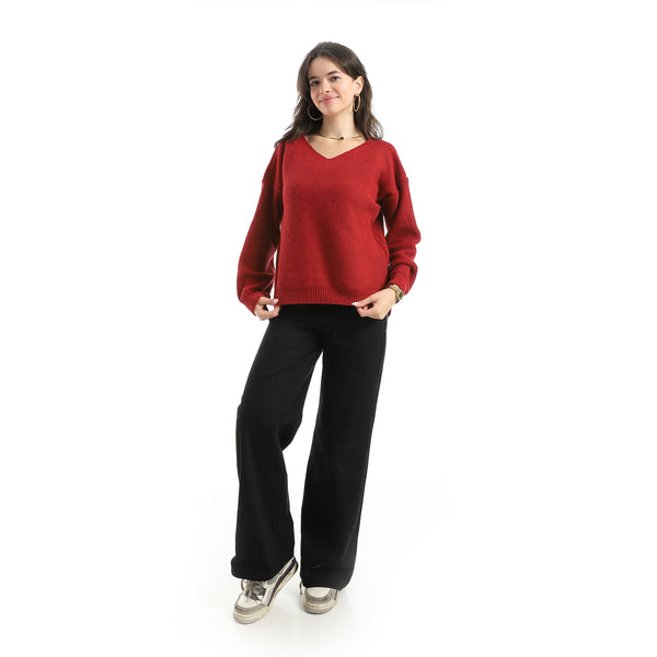 V-Neck_Knitted_Plain_Pullover_-_Burgundy