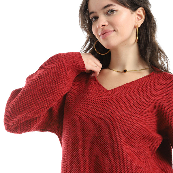 V-Neck_Knitted_Plain_Pullover_-_Burgundy