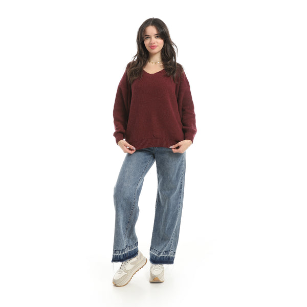 V-Neck_Knitted_Plain_Pullover_-_Burgundy