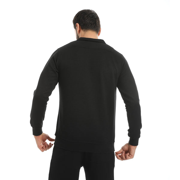 Black_Self_Patterened_Long_Sleeves_Half_Zipper_Closure_Sweatshirt-Black