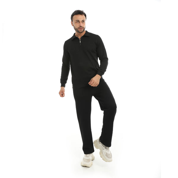 Black_Self_Patterened_Long_Sleeves_Half_Zipper_Closure_Sweatshirt-Black
