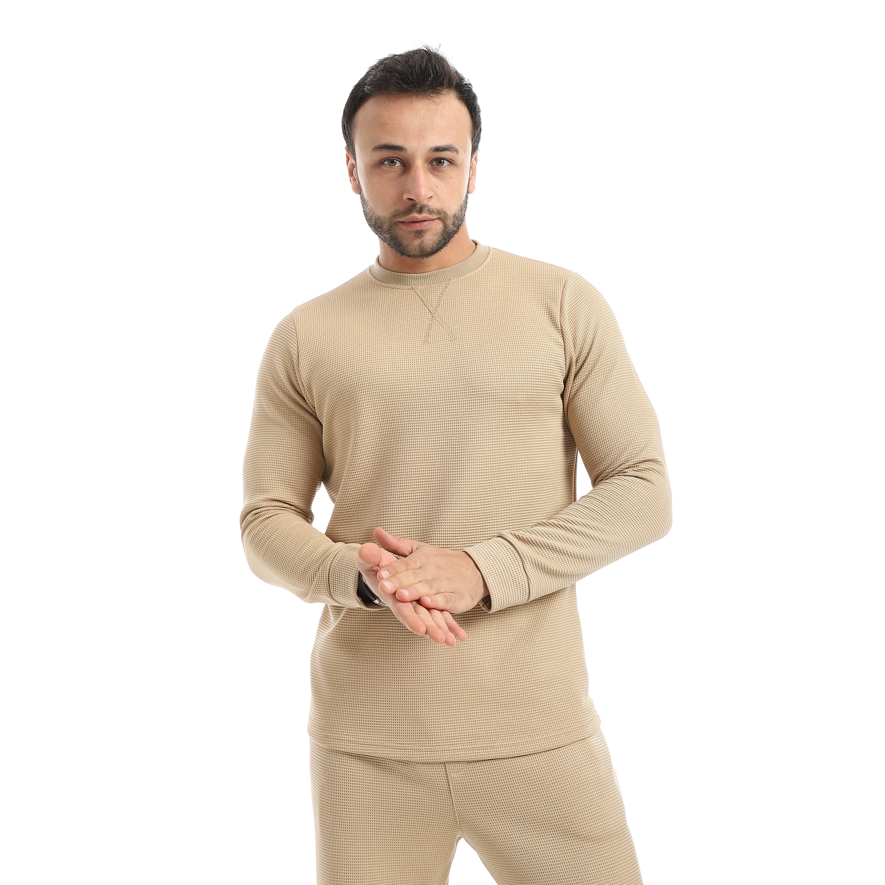 Crew_Neck_Collar_Self_Patterened_Beige_Long_Sleeves_Pullover_Beige