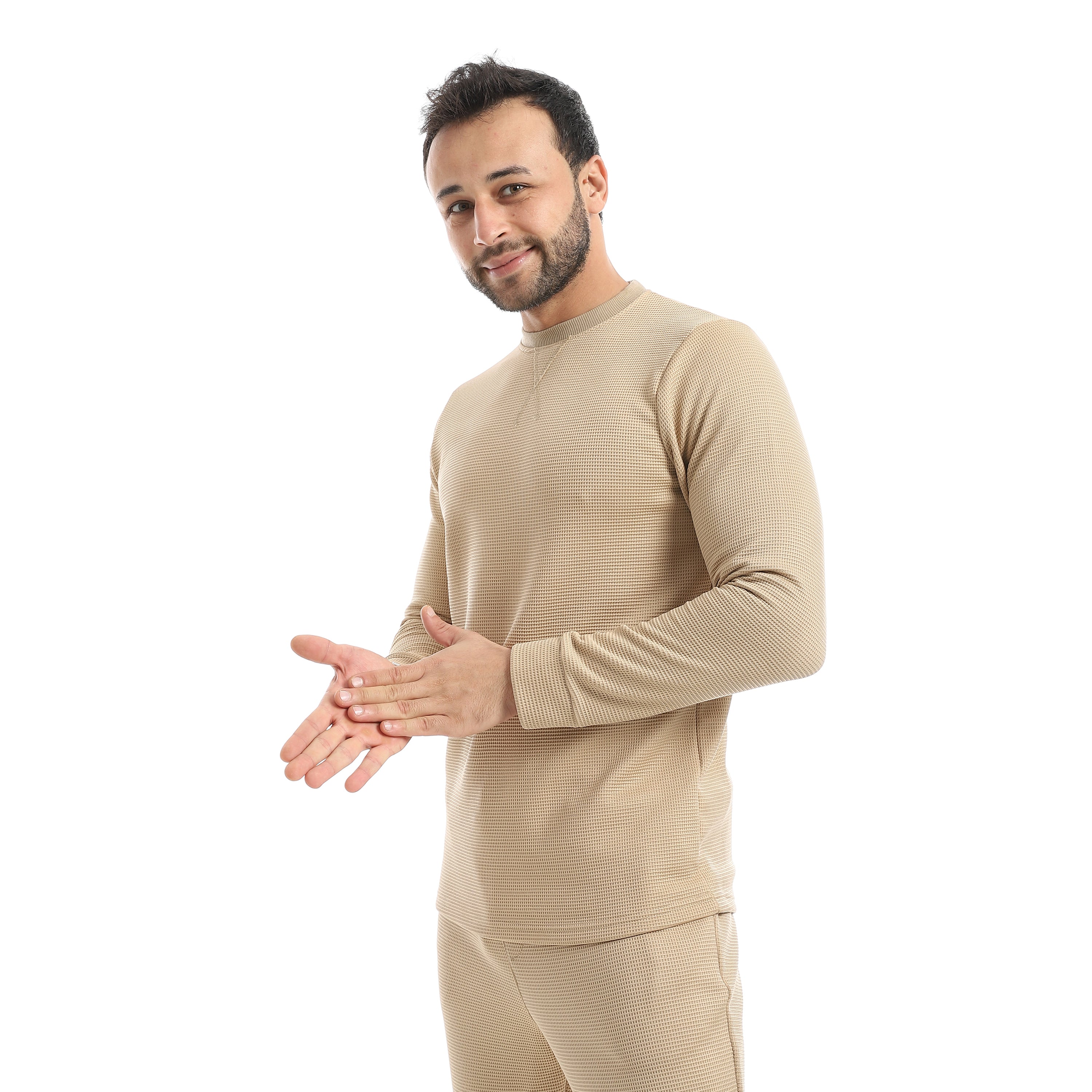 Crew_Neck_Collar_Self_Patterened_Beige_Long_Sleeves_Pullover_Beige