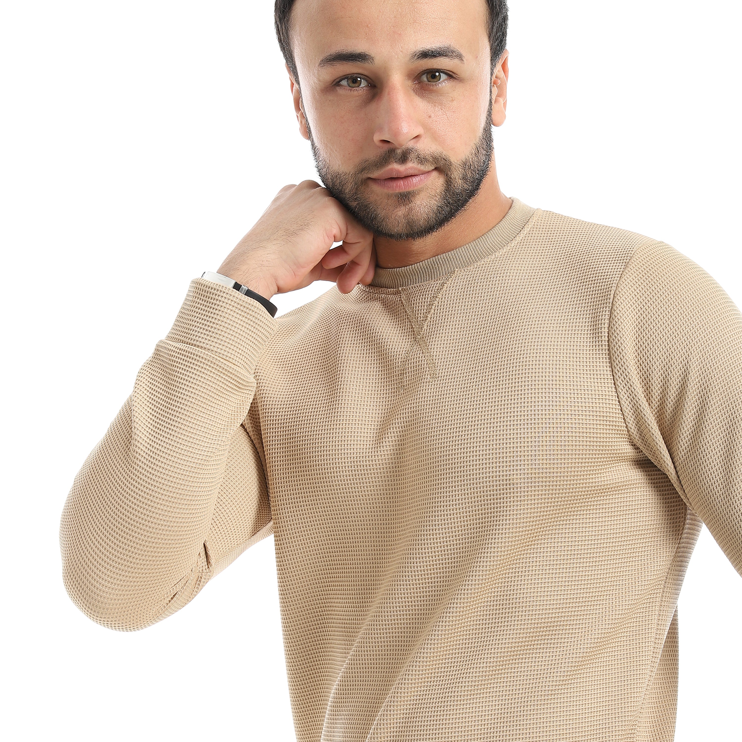 Crew_Neck_Collar_Self_Patterened_Beige_Long_Sleeves_Pullover_Beige