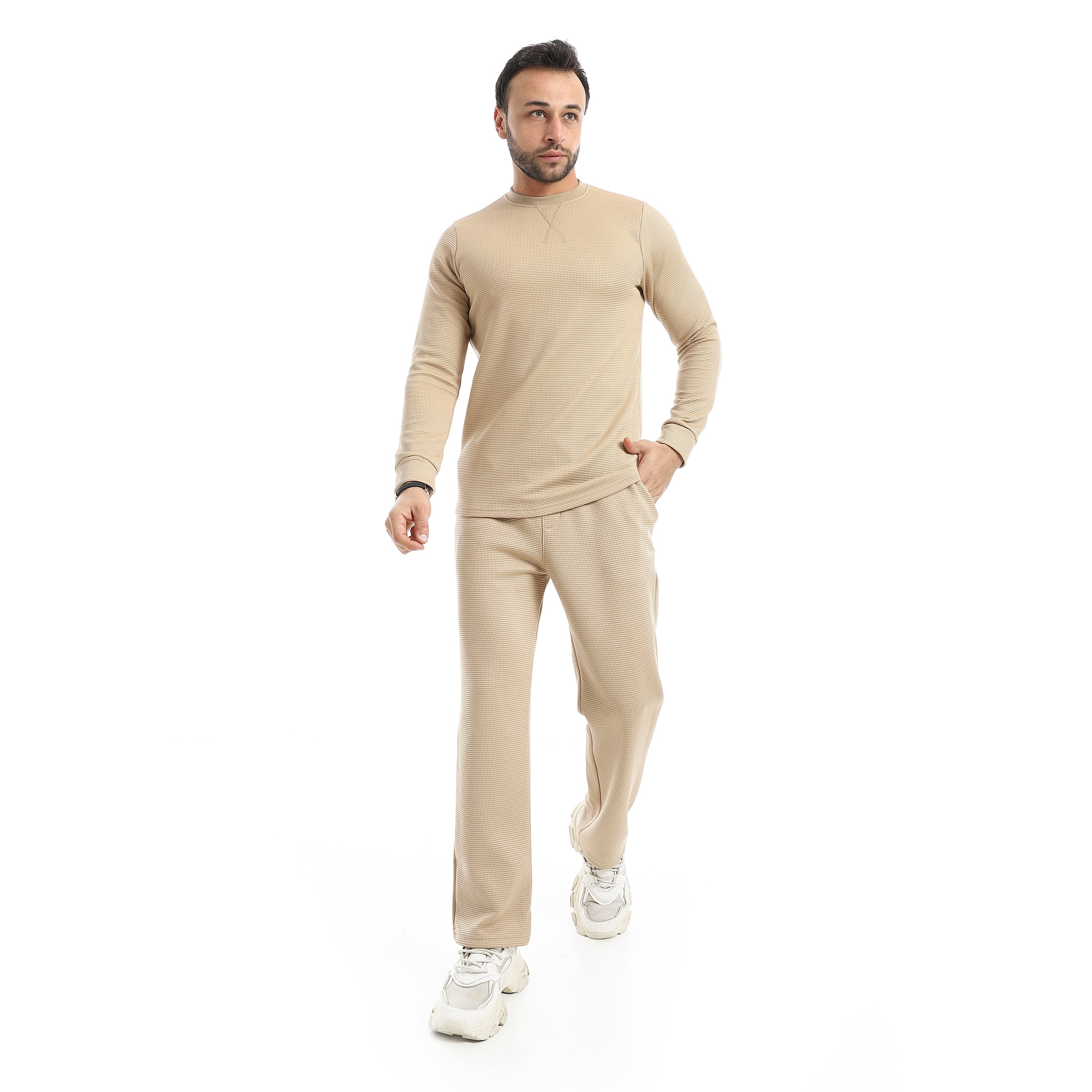 Crew_Neck_Collar_Self_Patterened_Beige_Long_Sleeves_Pullover_Beige