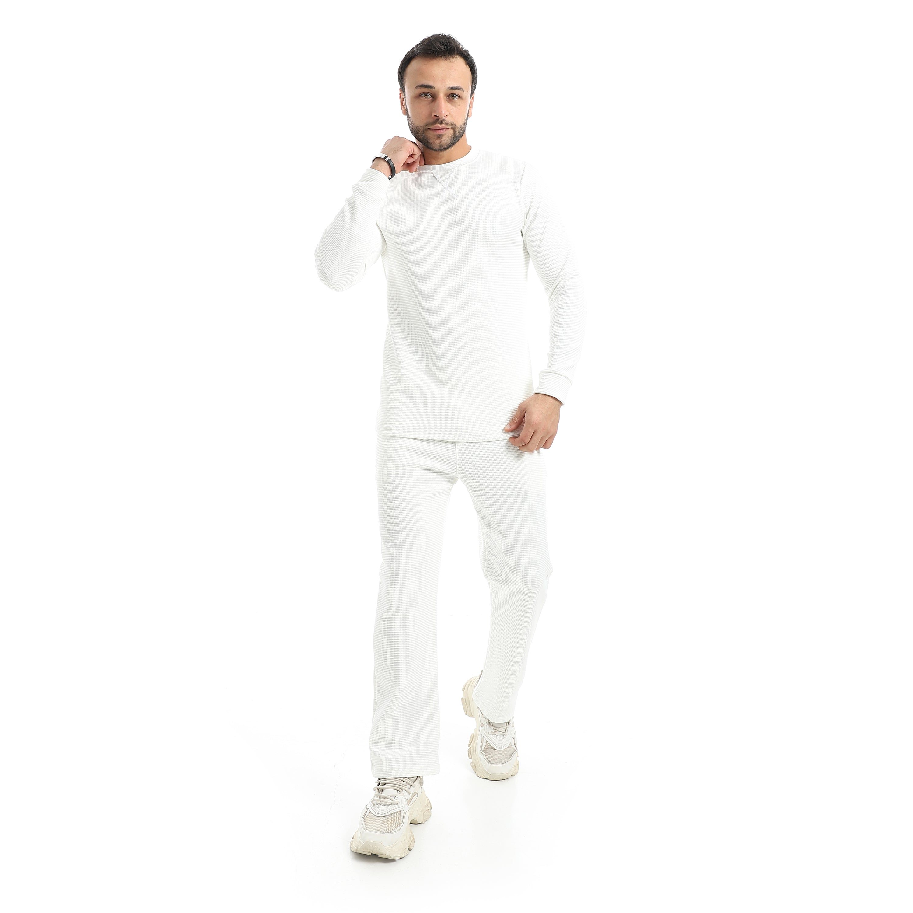 Crew_Neck_Collar_Self_Patterened_White_Long_Sleeves_Pullover_White