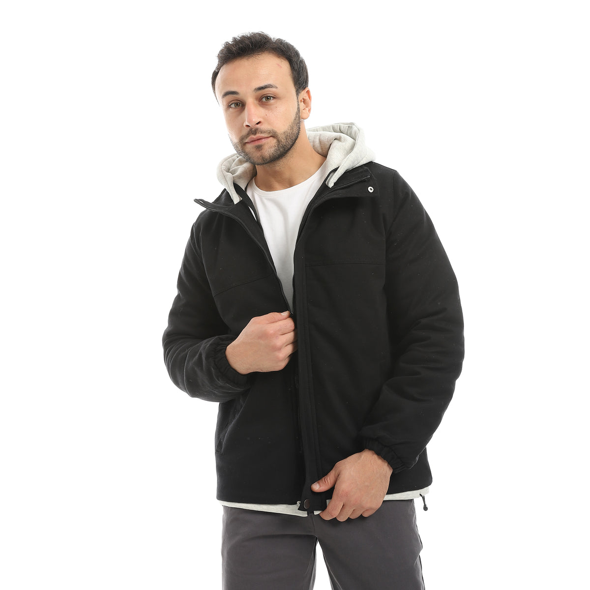 Black_With_Grey_Hooded_Full_Zipper_Closure_Jacket-Black – Andora